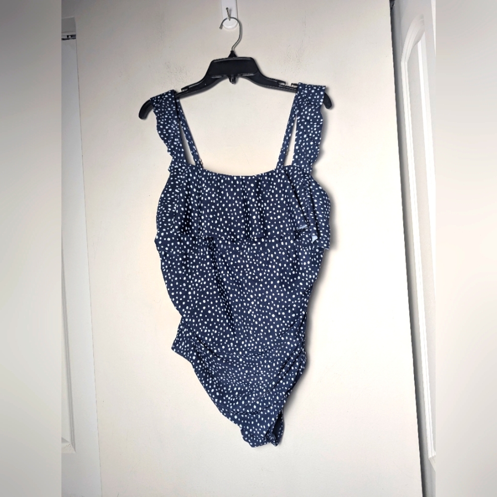 Kona Sol Swimsuit Ruffle Polkadot Navy Blue One Piece Sz 17